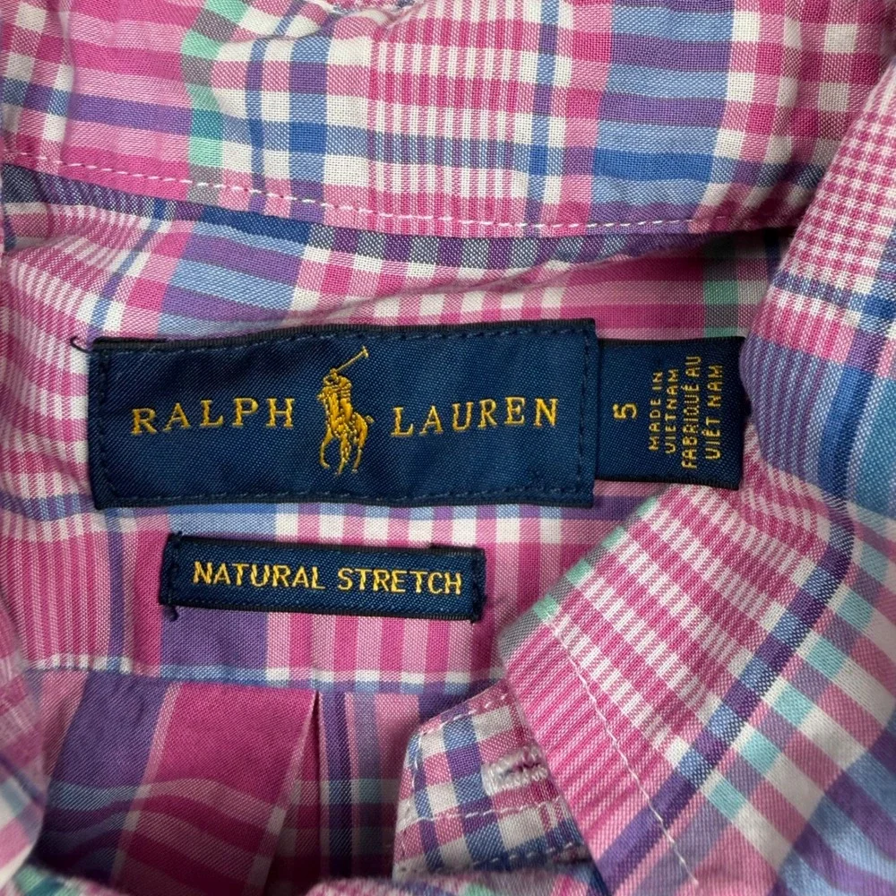 Ralph Lauren Boys Pink Blue Plaid Short Sleeve Button Down Shirt Size 5 Preppy